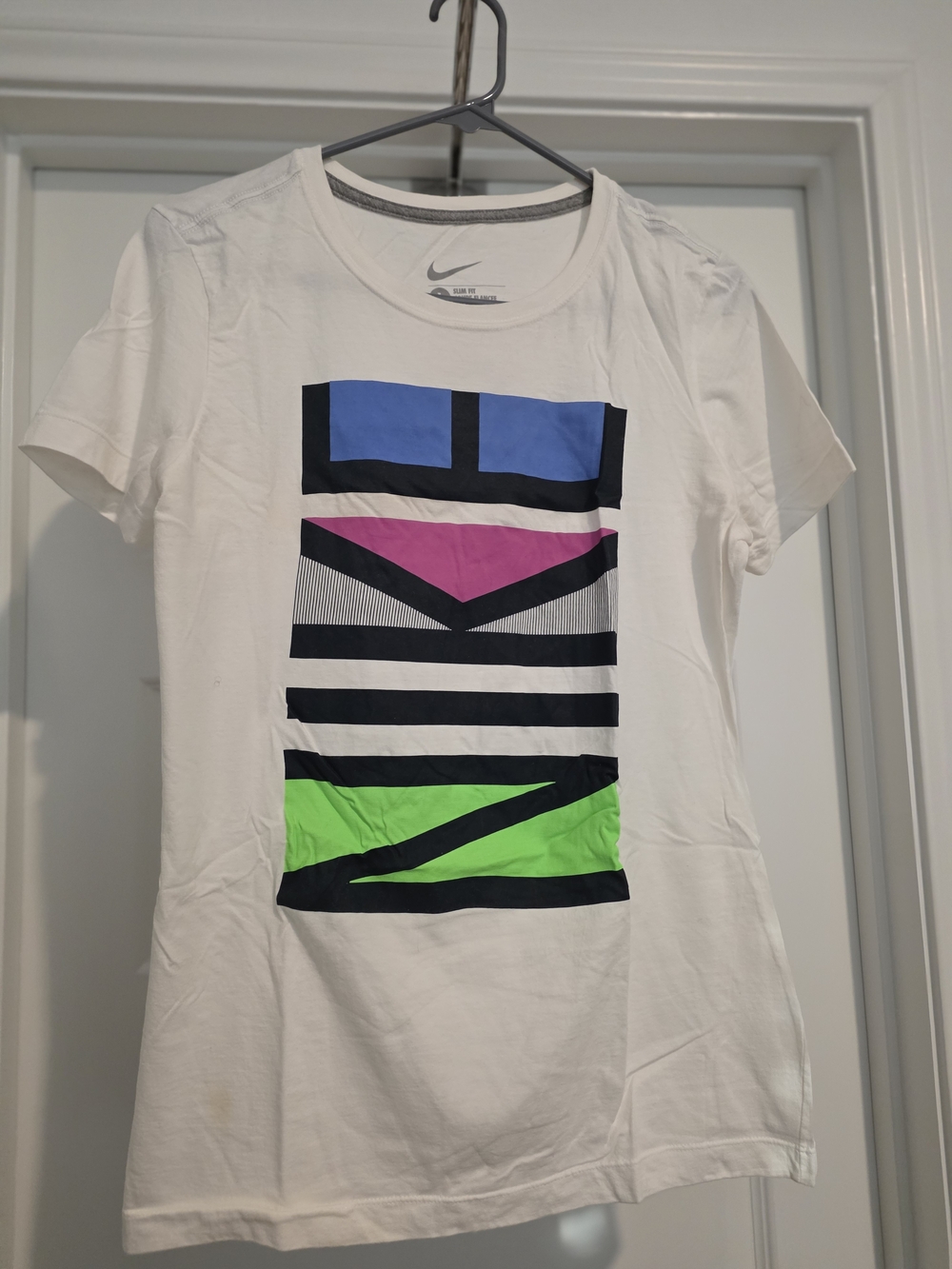 Nike White Graphic Tee with Blue, Pink & Neon Green Blocks